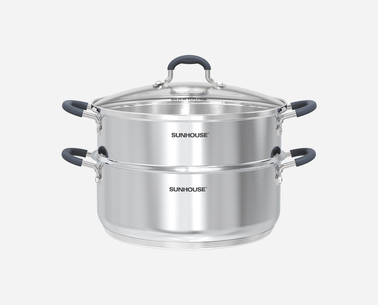 Sunhouse Stainless steel pot with lid on a white background, featuring Sunhouse branding.