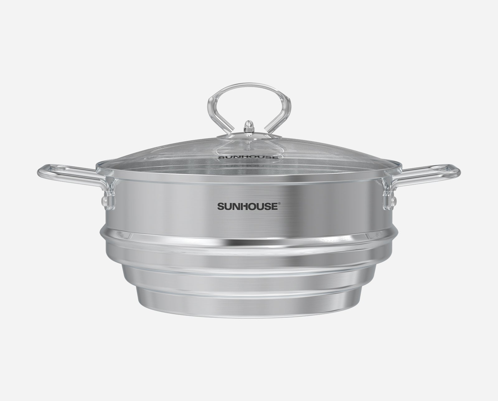 Silver Sunhouse steamer pot on a white background