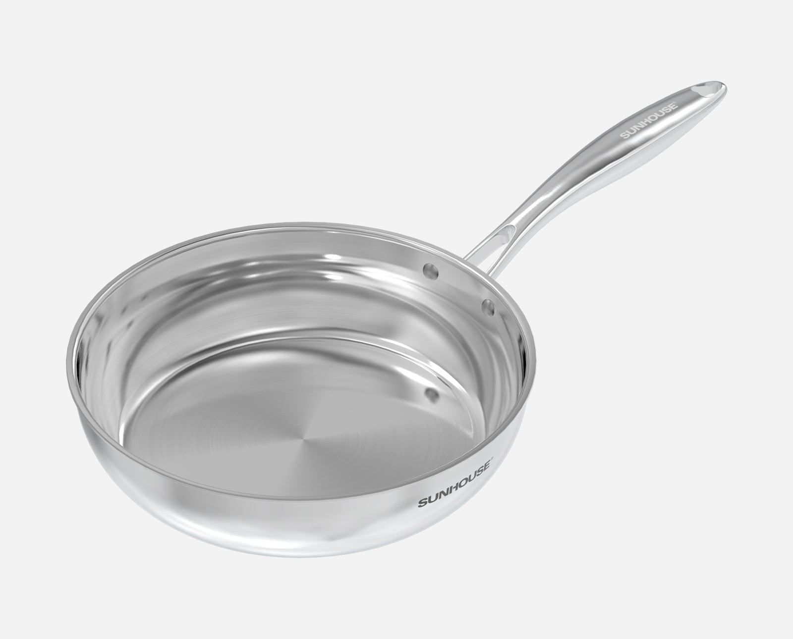 Sunhouse Stainless steel frying pan with a lid on a white background