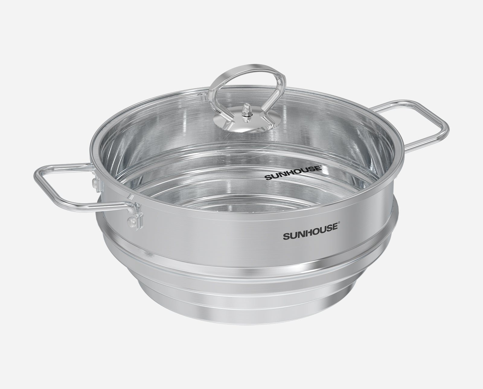 Sunhouse Stainless steel pot with lid on a white background, featuring the Sunhouse brand.