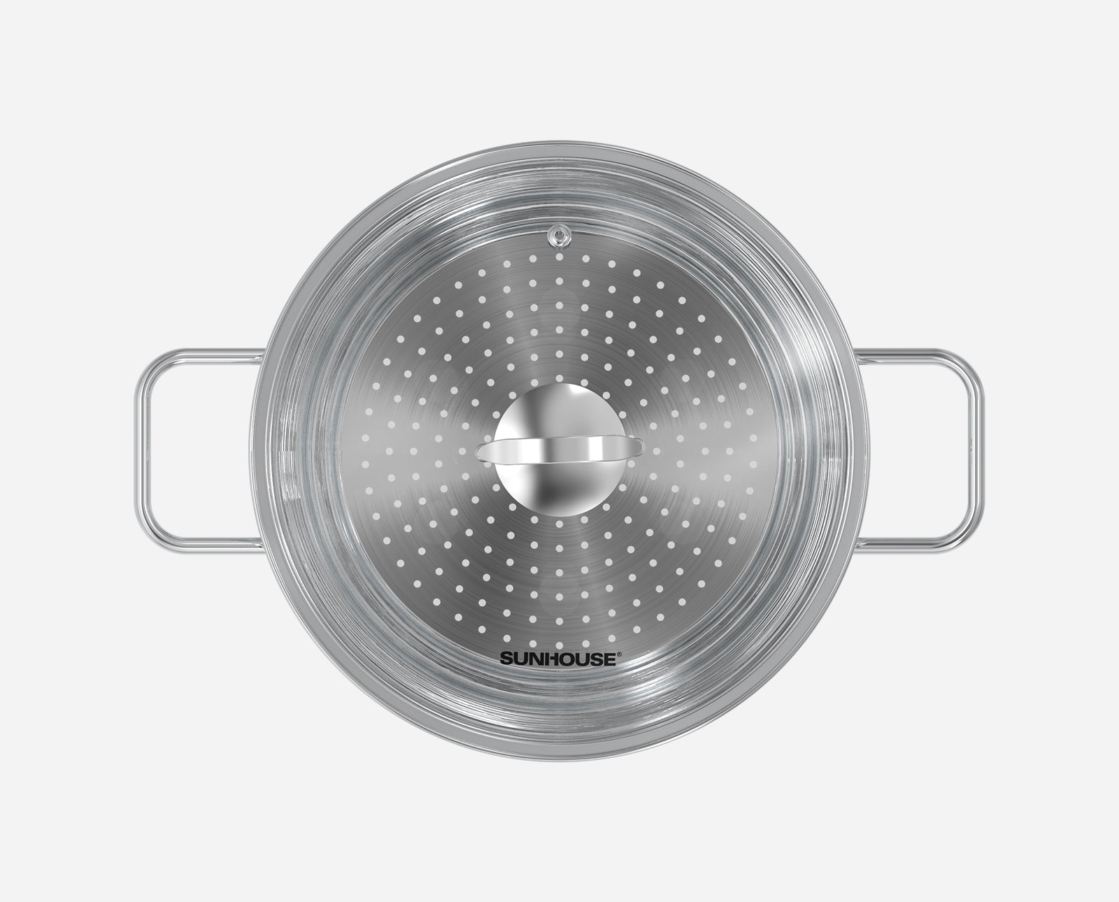 Stainless steel steamer basket with handles on a white background, branded 'Sunhouse'.