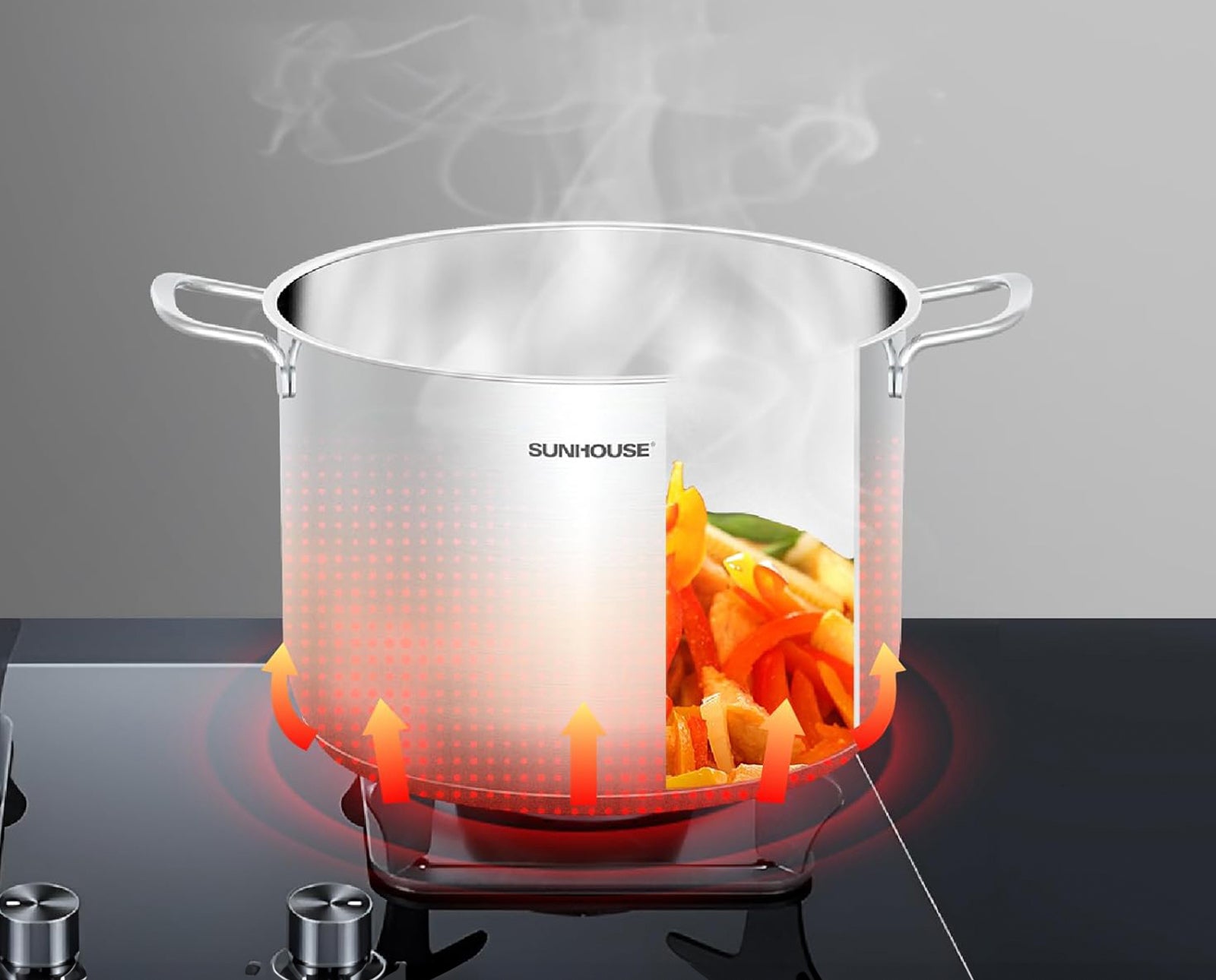 Stainless steel pot with food inside on a stove, featuring the Sunhouse brand.