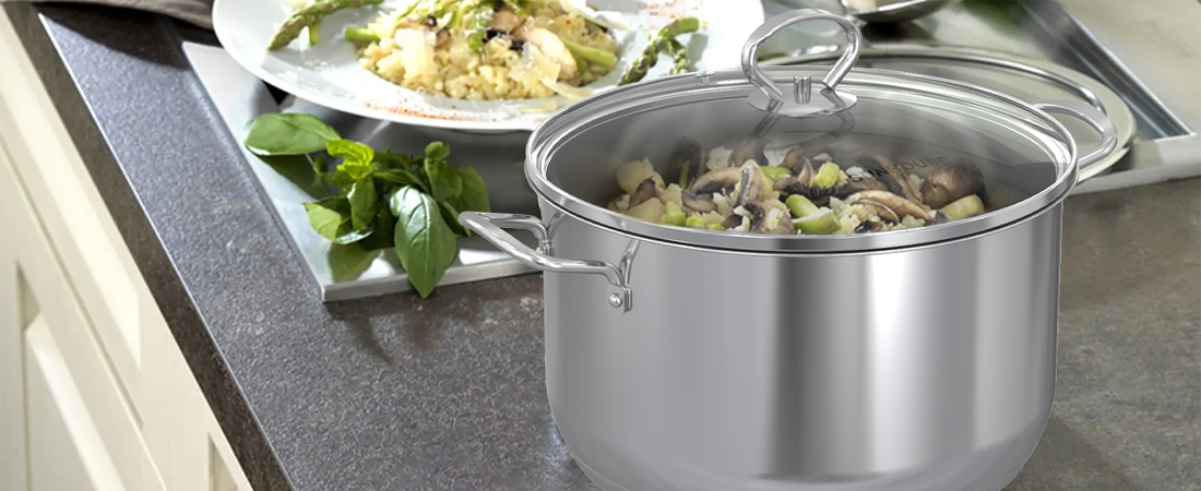 Sunhouse Stainless steel pot on a kitchen counter with food inside