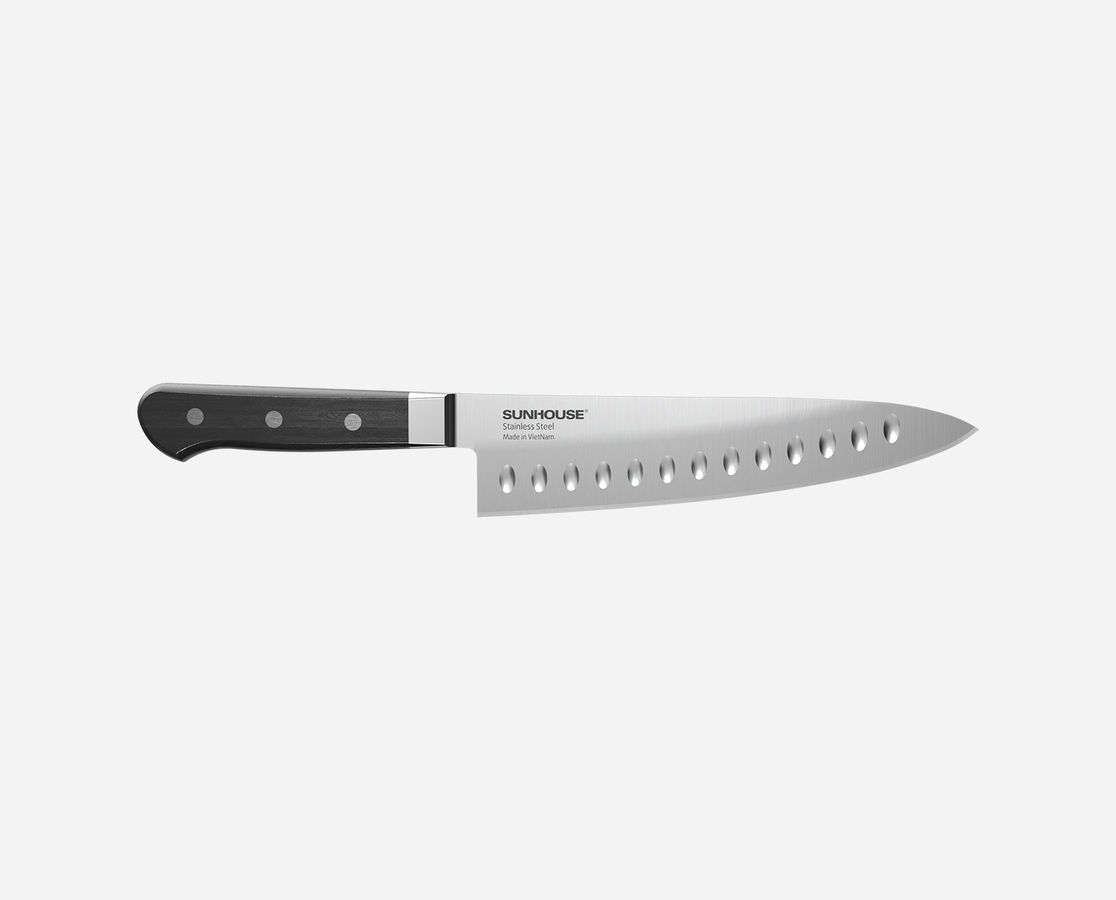 Serrated knife with black handle and 'Sunhouse' branding on a white background