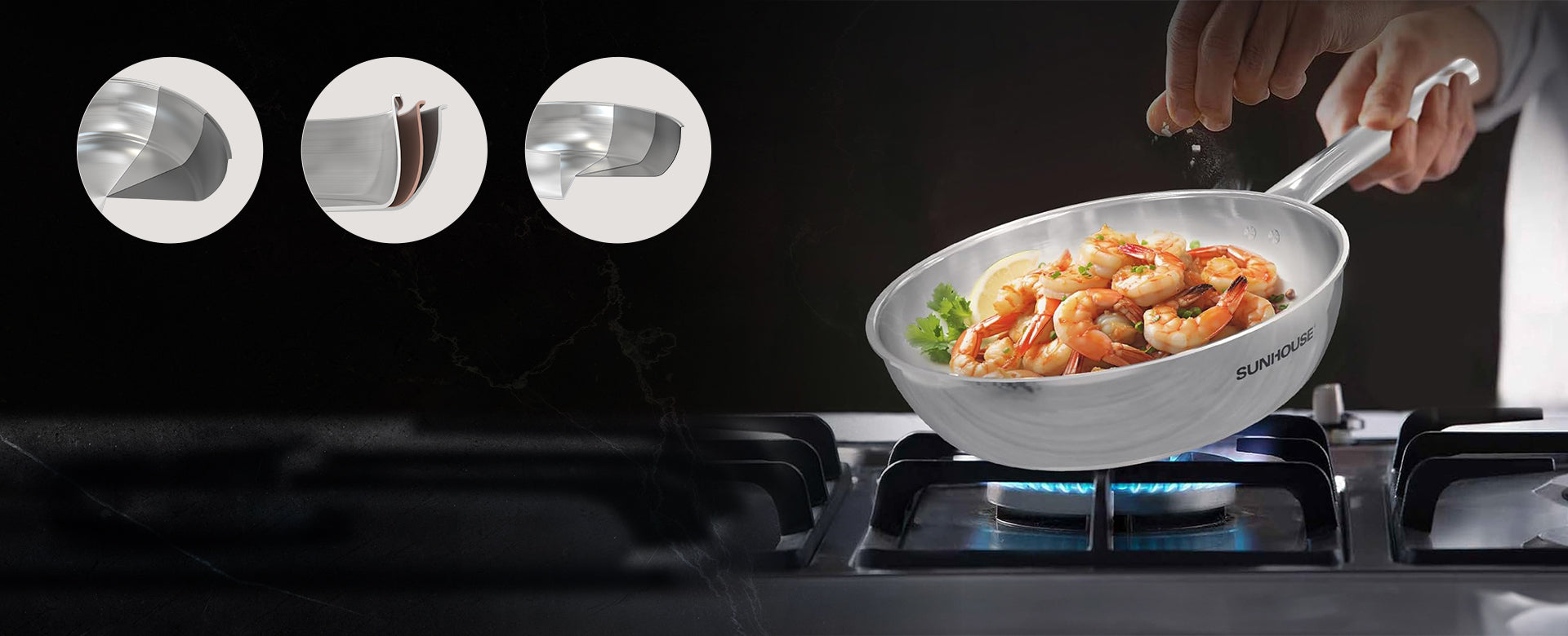 Person cooking shrimp in a white frying pan on a gas stove with three smaller images of the Sunhouse pan above.