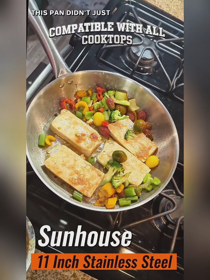 Sunhouse 11 Inch Stainless Steel pan with food on a stovetop
